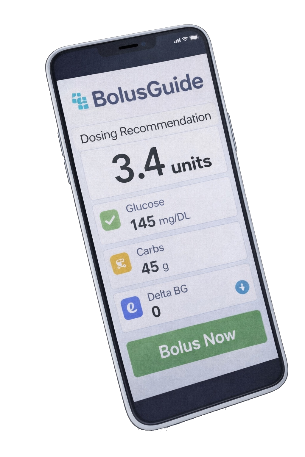BolusGuide app mockup showing a 3.4 unit dosing recommendation